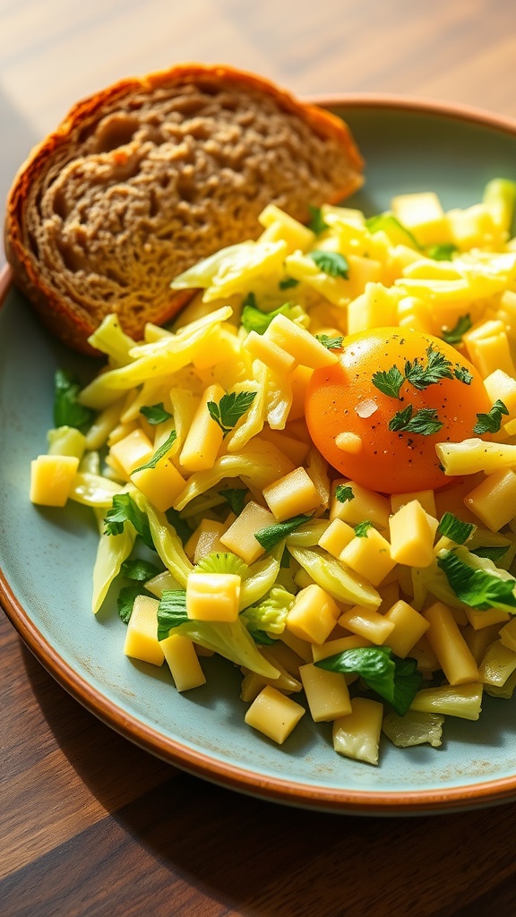 A plate of savory cabbage and eggs scramble garnished with herbs, served with whole grain toast.